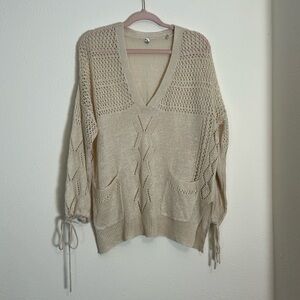 Margaret O’Leary Beige Vneck Open Knit‎ Pullover Sweater Oversized Slouchy